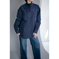 Kasmaria Oversized Shirt with Ruffle Neck and Tie in Blue Windowpane Check