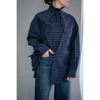 Kasmaria Oversized Shirt with Ruffle Neck and Tie in Blue Windowpane Check