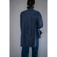 Kasmaria Oversized Shirt with Ruffle Neck and Tie in Blue Windowpane Check