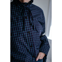 Kasmaria Oversized Shirt with Ruffle Neck and Tie in Blue Windowpane Check