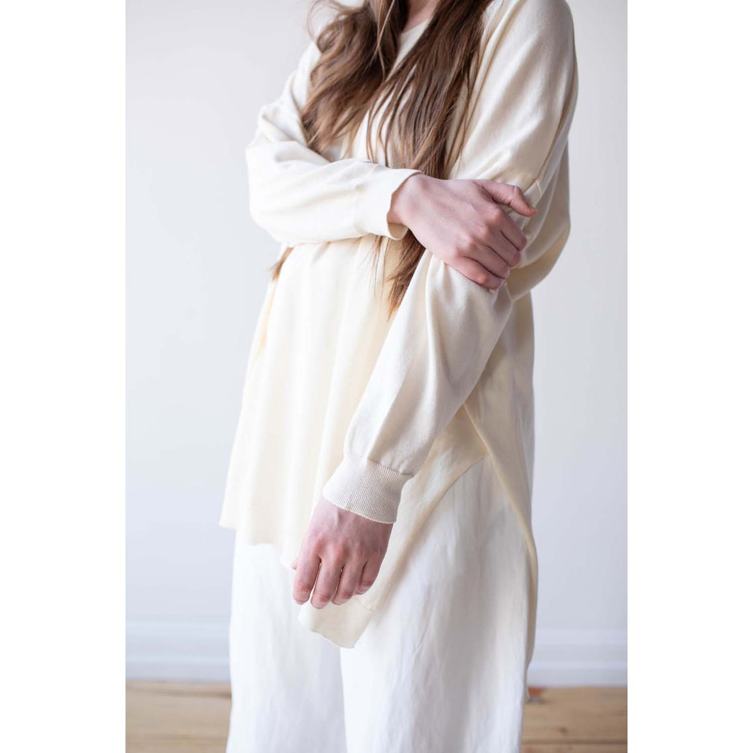 Ichi Antiquités Whole Garment Long Knit Cotton Pullover in Ivory