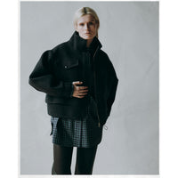 Kasmaria Oversized Shirt with Ruffle Neck and Tie in Blue Windowpane Check