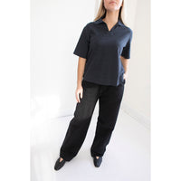 MHL. Boxy Polo in Indigo/Ink Dry Stripe Cotton Jersey