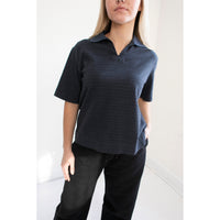MHL. Boxy Polo in Indigo/Ink Dry Stripe Cotton Jersey