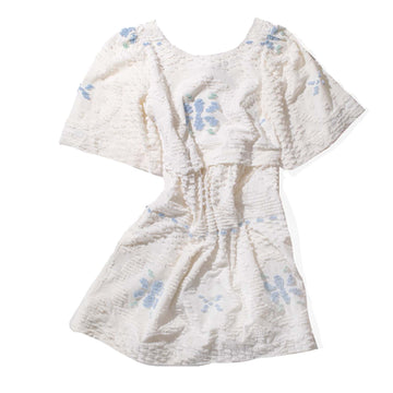 Carleen Tracy Puff Dress in White/Blue Vintage Chenille