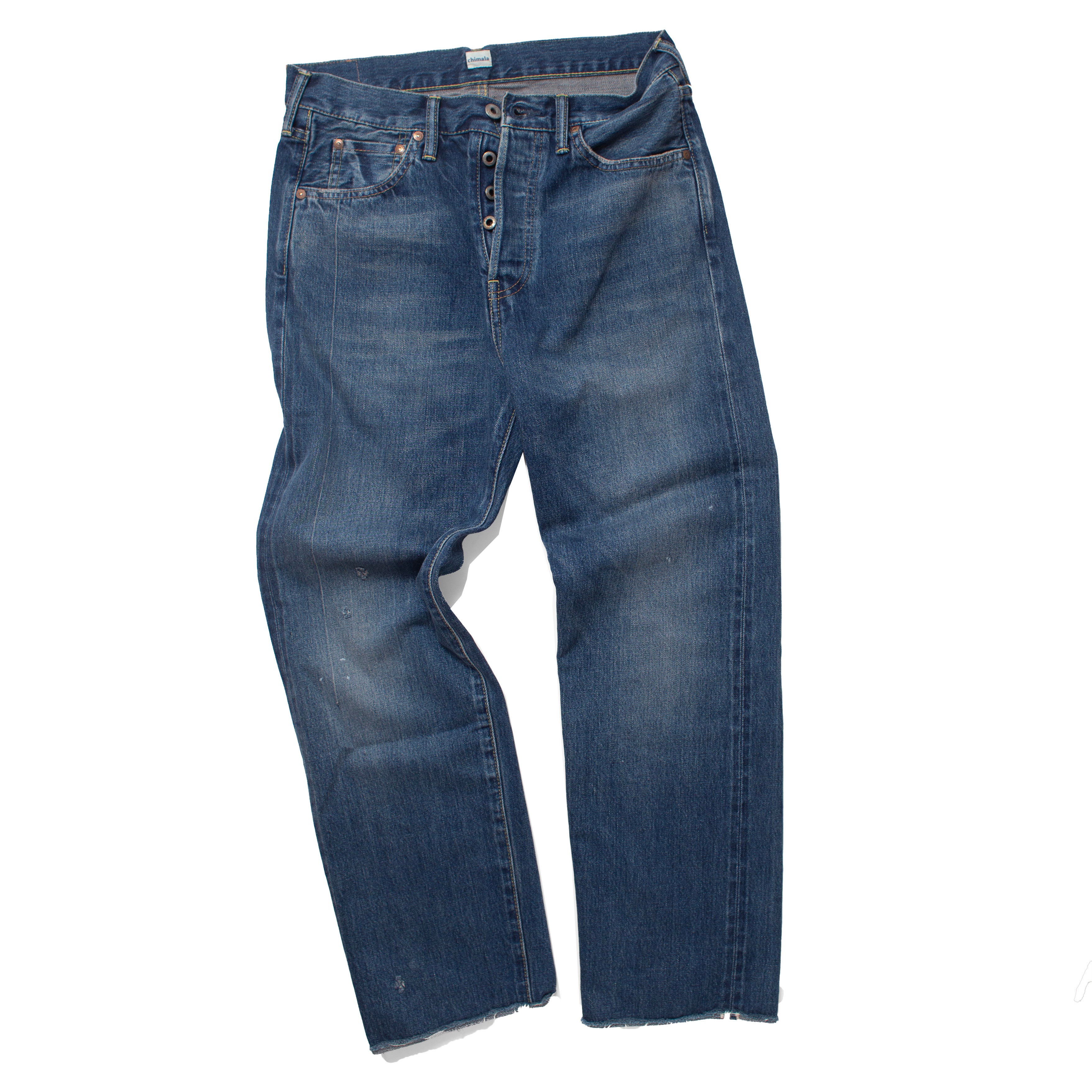 カフェオレ☆ボウルchi mala◇ CHIMALA DENIM Chimala Unisex 13.5oz Selvedge Denim Straight Cut in Used