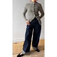 Auralee Shetland Wool Cashmere Cardigan in Lime Purple Stripe