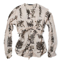 Pas de Calais Relax Herbal Print Ruffle Collarless Blouse in Ivory
