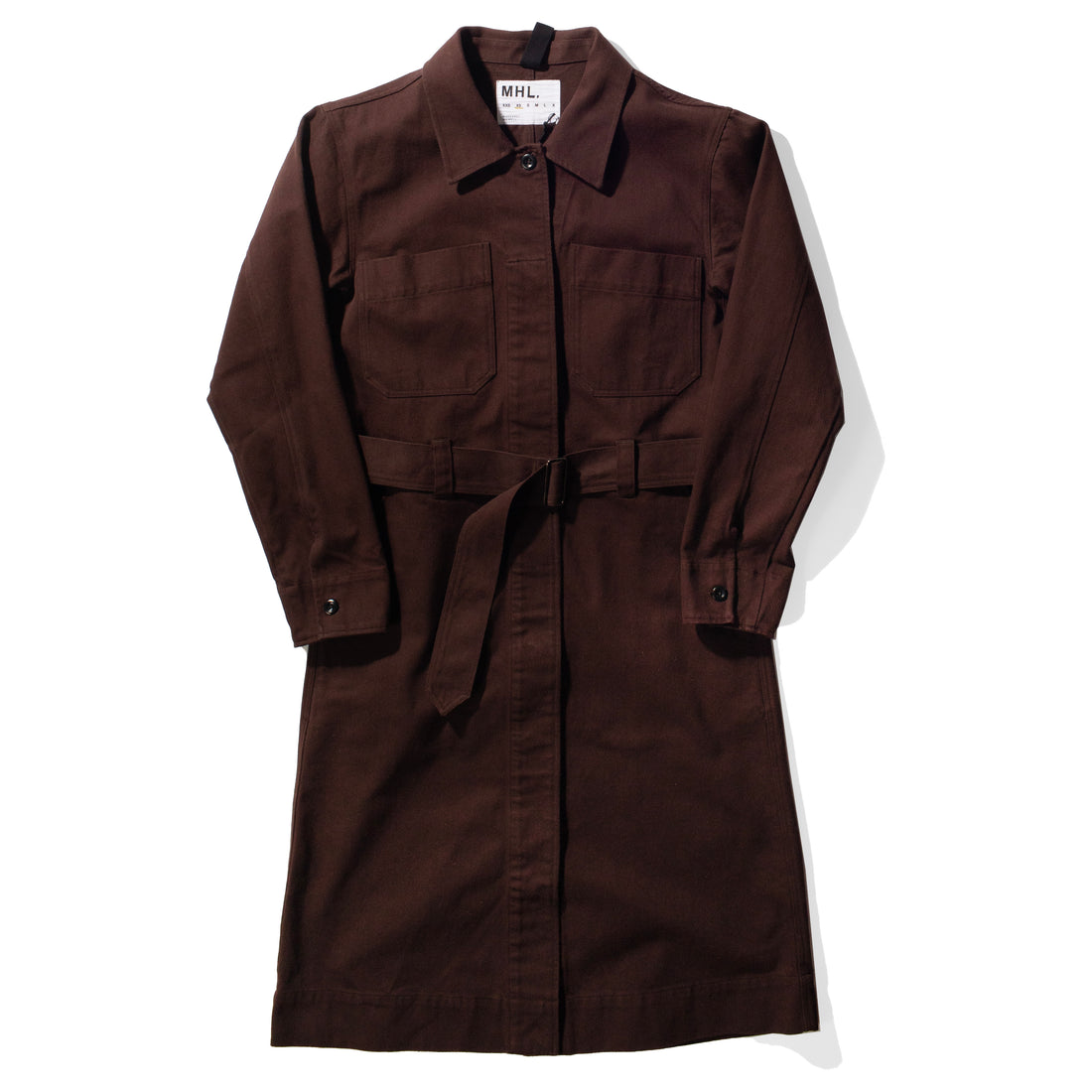 MHL. Overall Dress in Mahogany Worn Cotton Drill