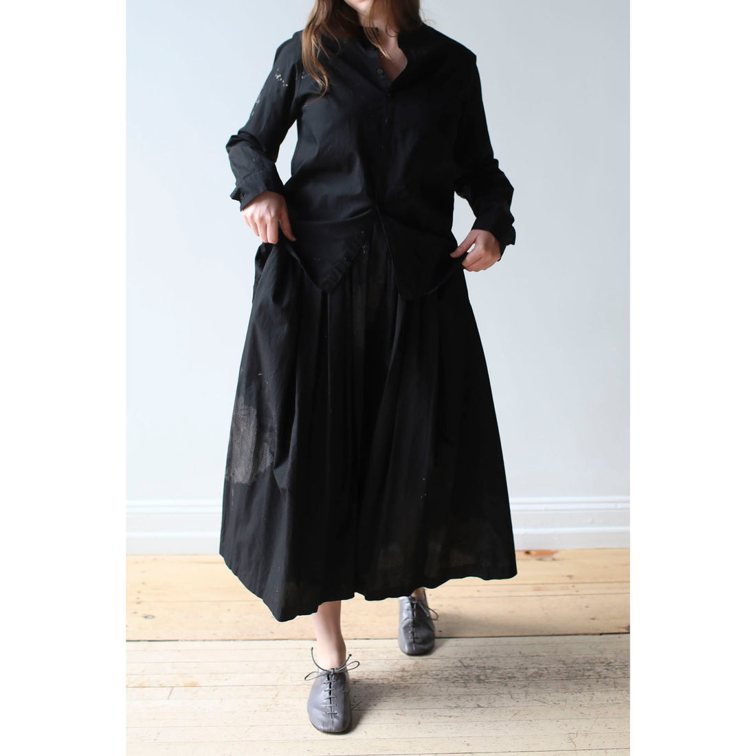 Pas de Calais Cotton Checkered Gathered Skirt in Black