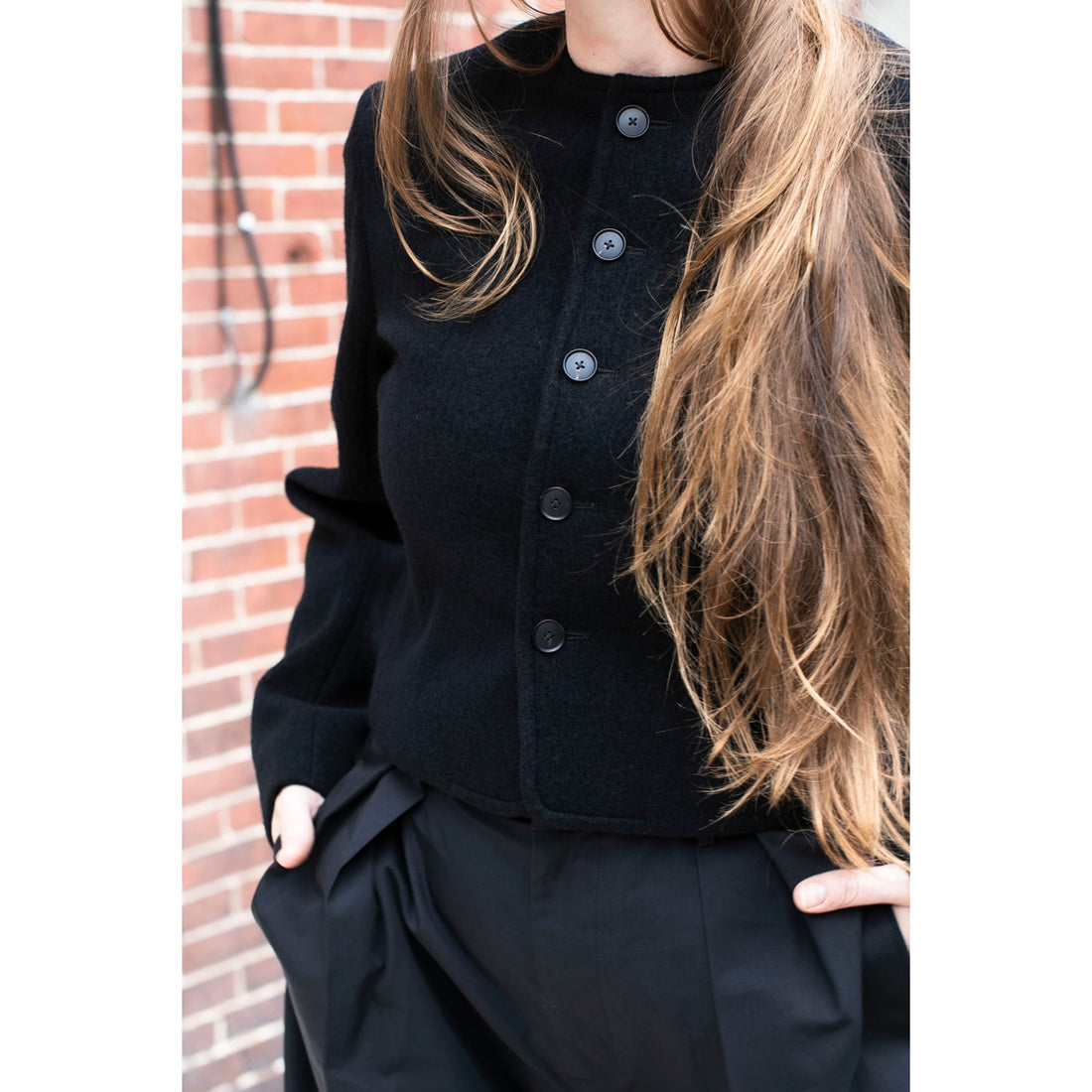 Auralee Heavily Fulled Wool Cotton Collarless Jacket in Black