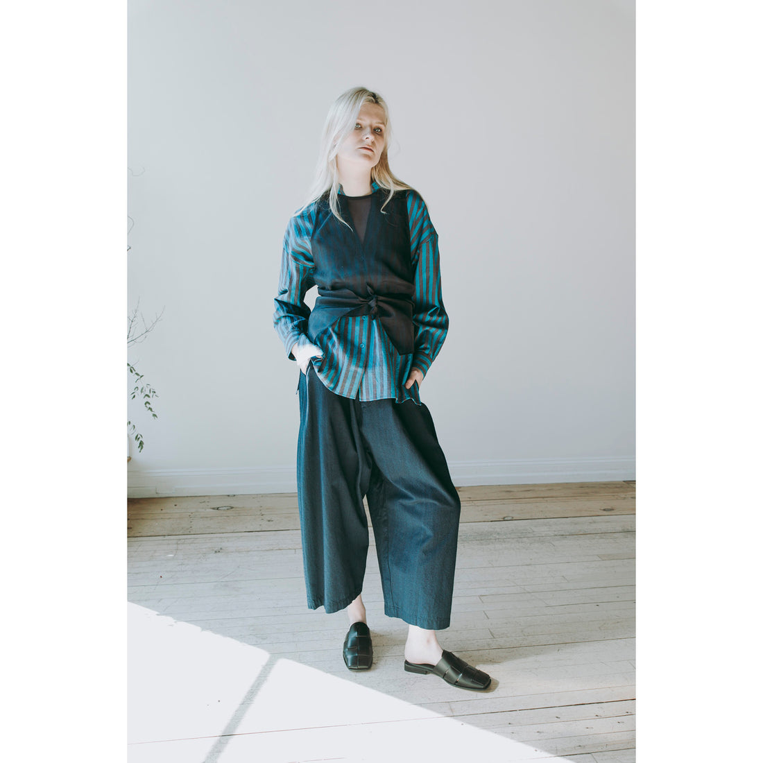 Kaarem Urchin Sleeveless Silk Organza Tie Top in Dark Blue