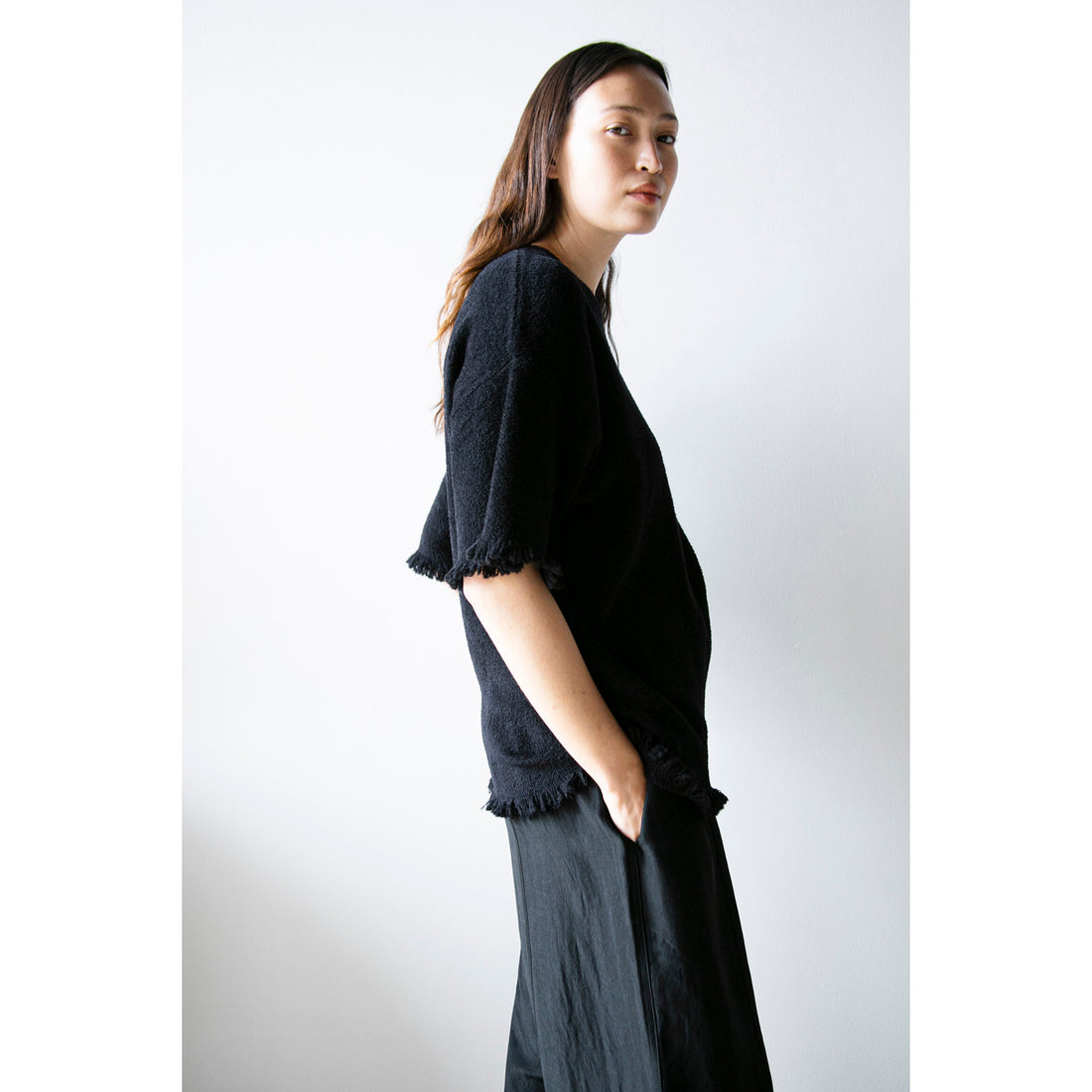 Maria McManus Drop Shoulder Fray Crew in Black