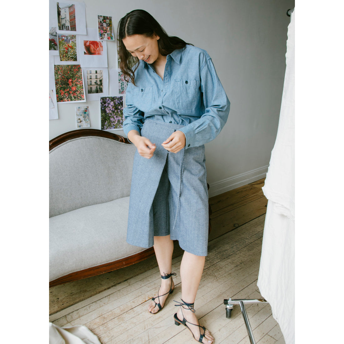 Proche Apron Wrap Capri Shorts in Chambray