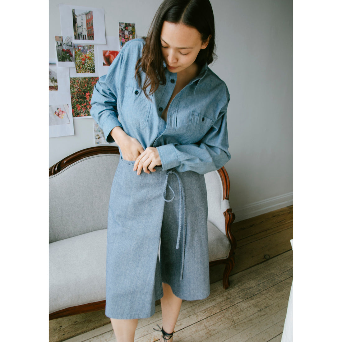 Proche Apron Wrap Capri Shorts in Chambray