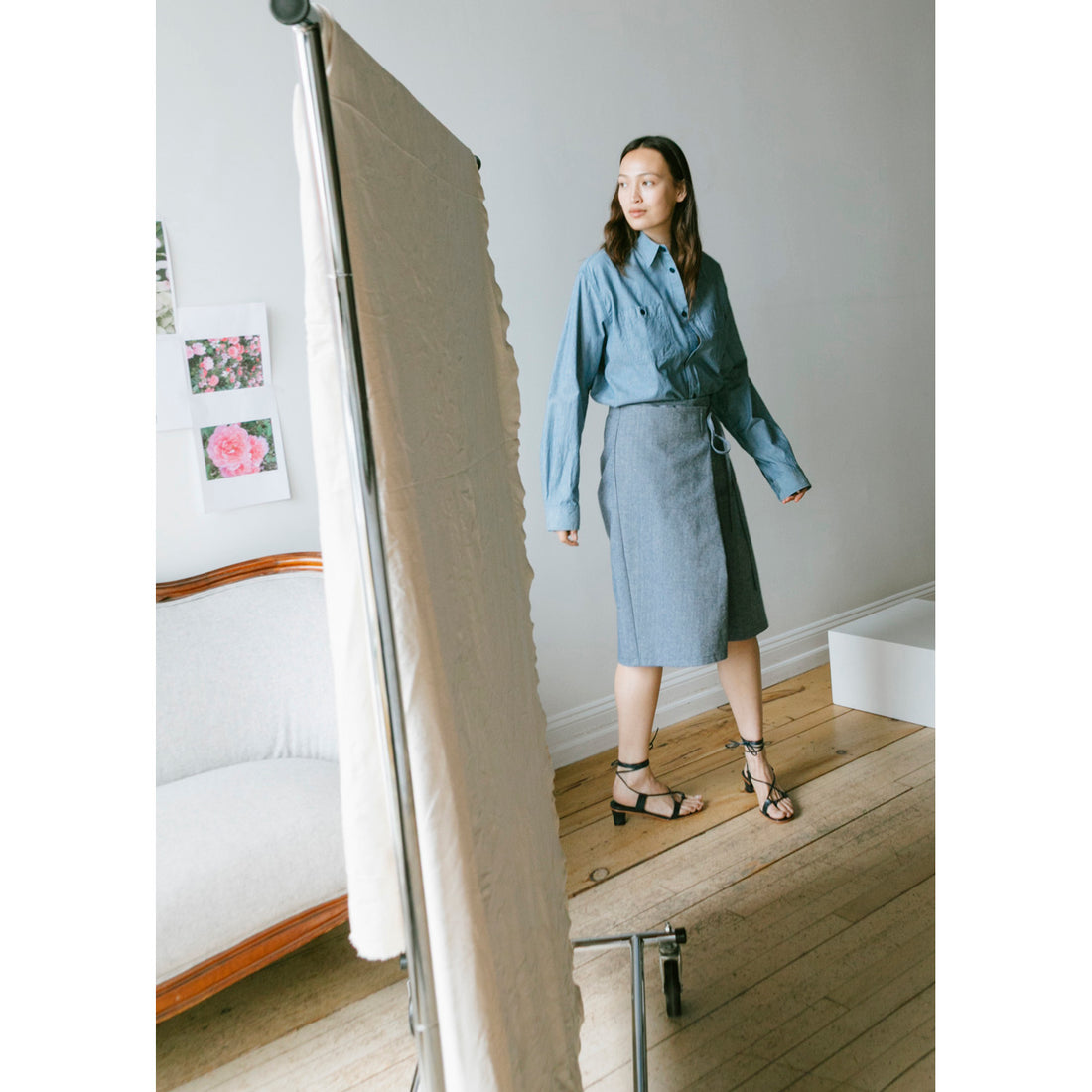 Proche Apron Wrap Capri Shorts in Chambray