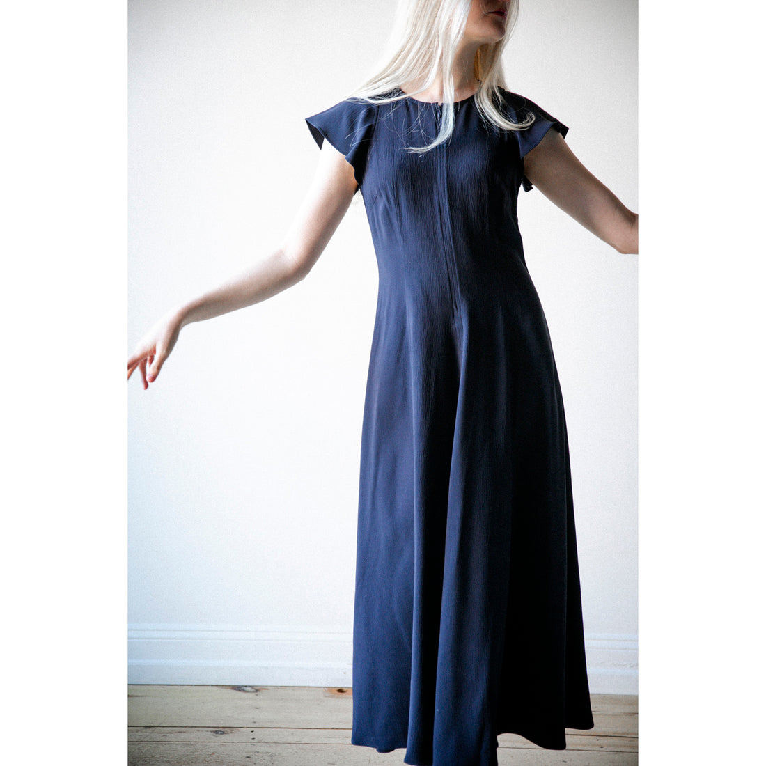 apiece apart blue dress Microstripe Blue and Cream Mazza Maxi