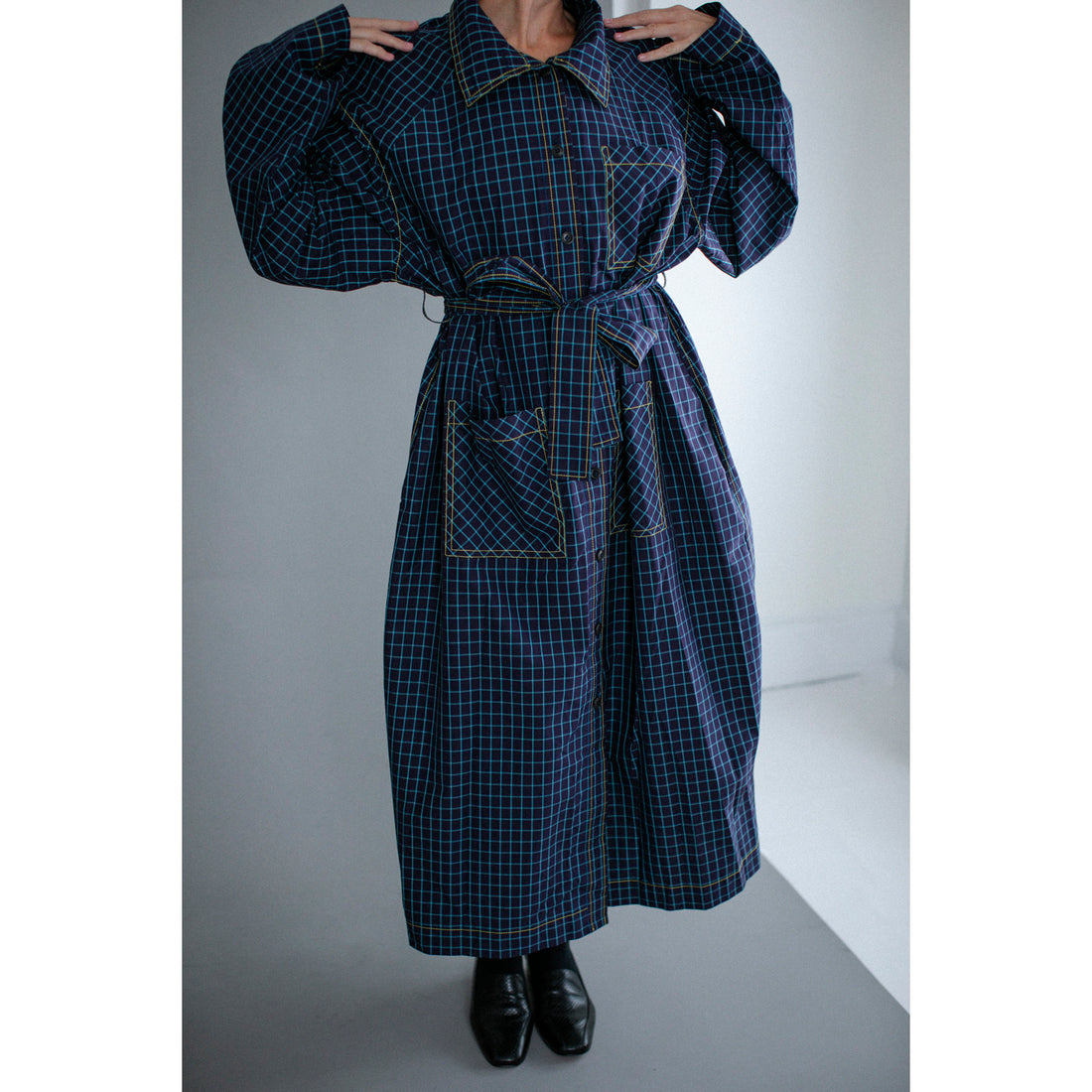 Kasmaria Trench Dress in Blue Windowpane Check
