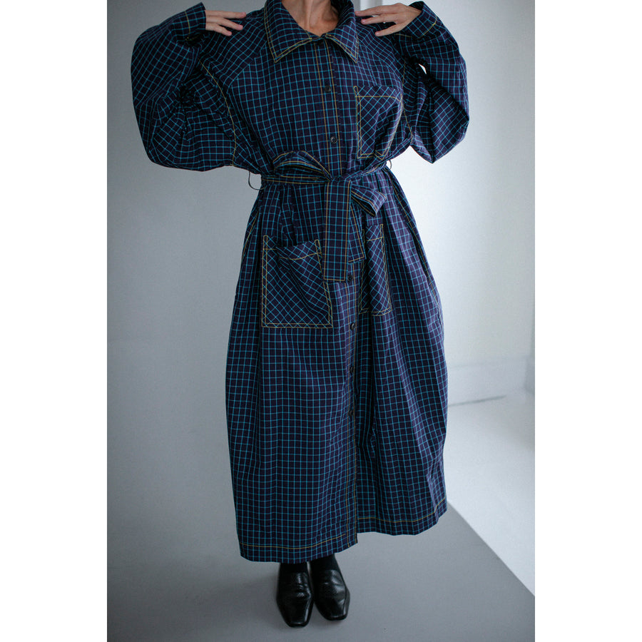 Kasmaria Trench Dress in Blue Windowpane Check