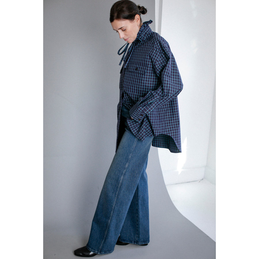 Kasmaria Oversized Shirt with Ruffle Neck and Tie in Blue Windowpane Check