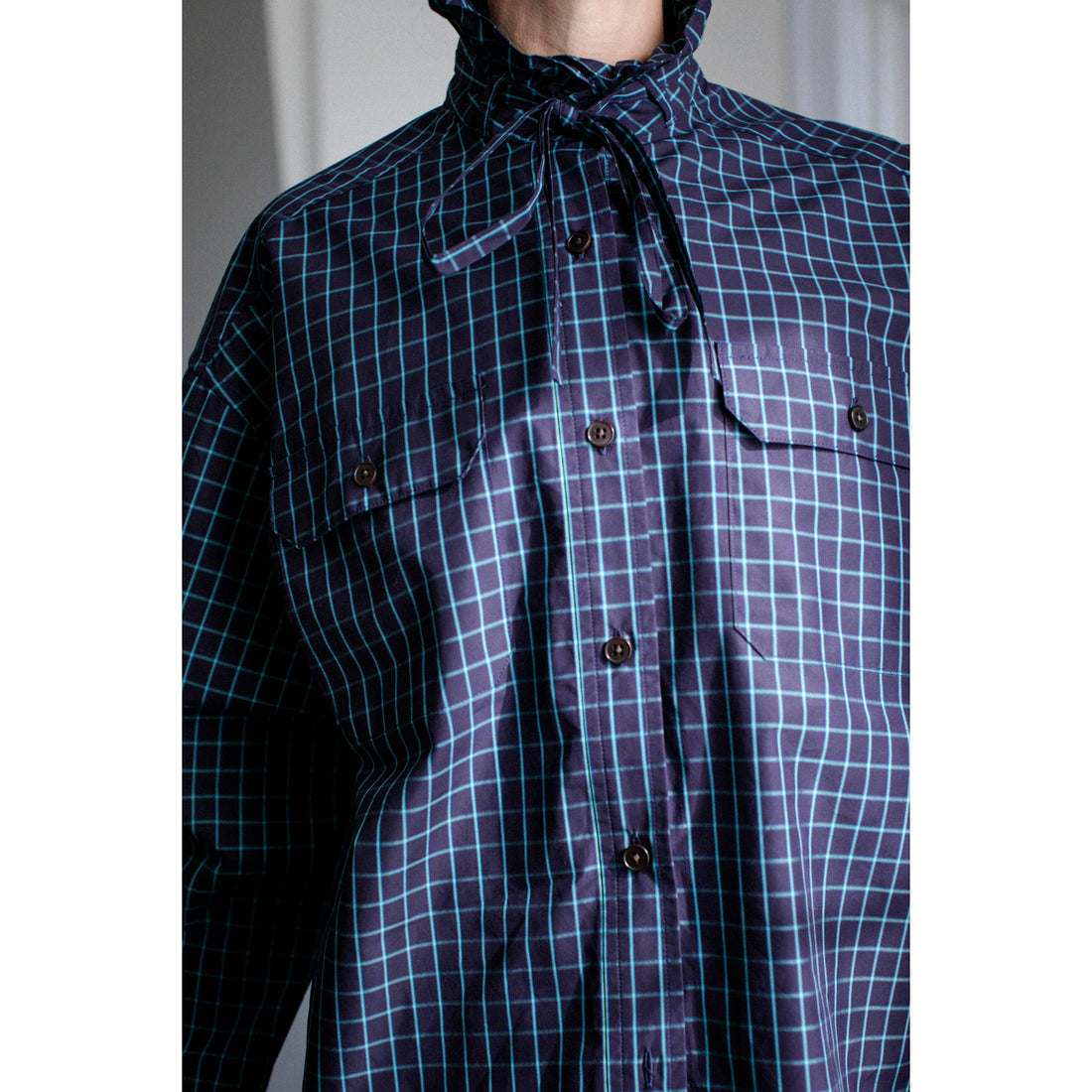 Kasmaria Oversized Shirt with Ruffle Neck and Tie in Blue Windowpane Check