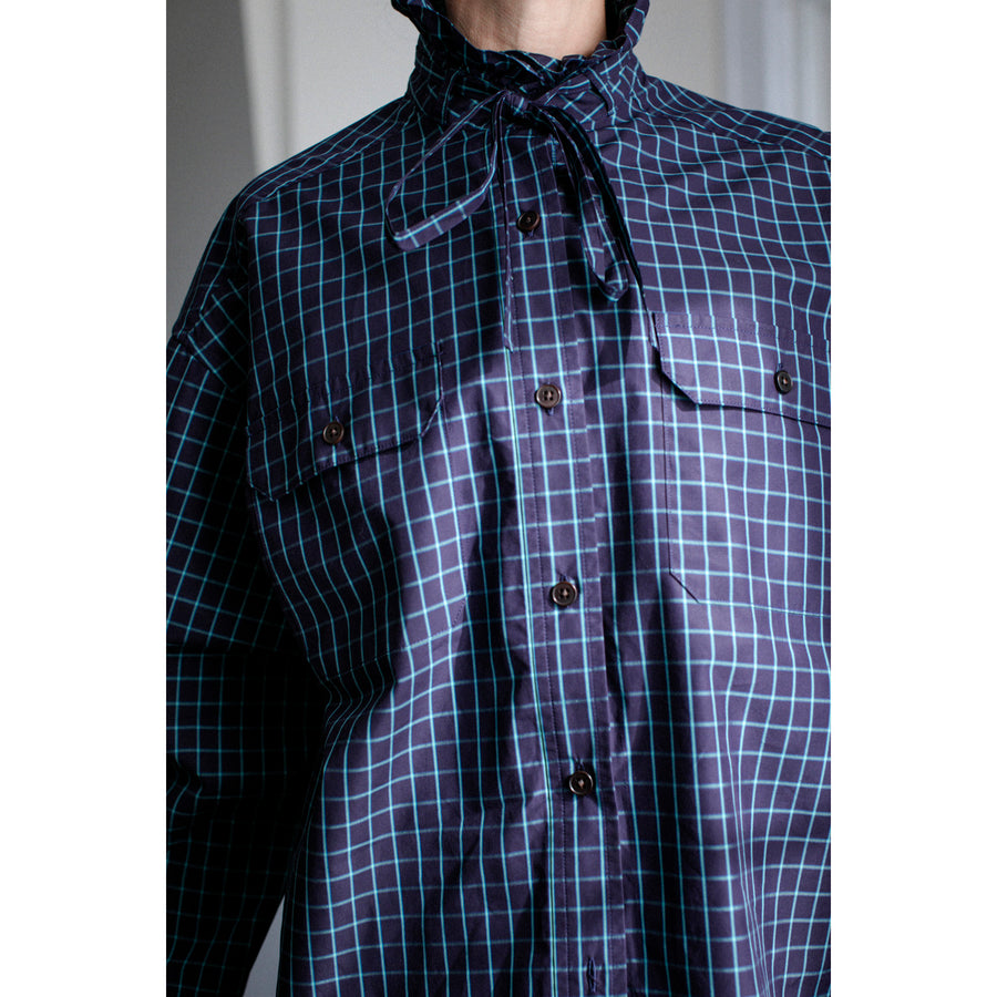 Kasmaria Oversized Shirt with Ruffle Neck and Tie in Blue Windowpane Check