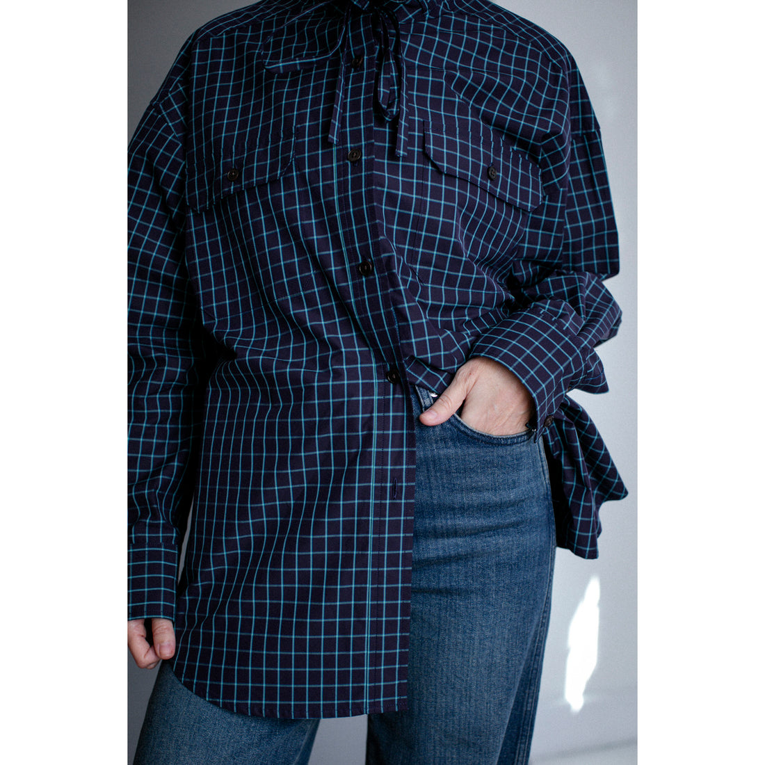 Kasmaria Oversized Shirt with Ruffle Neck and Tie in Blue Windowpane Check