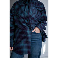 Kasmaria Oversized Shirt with Ruffle Neck and Tie in Blue Windowpane Check