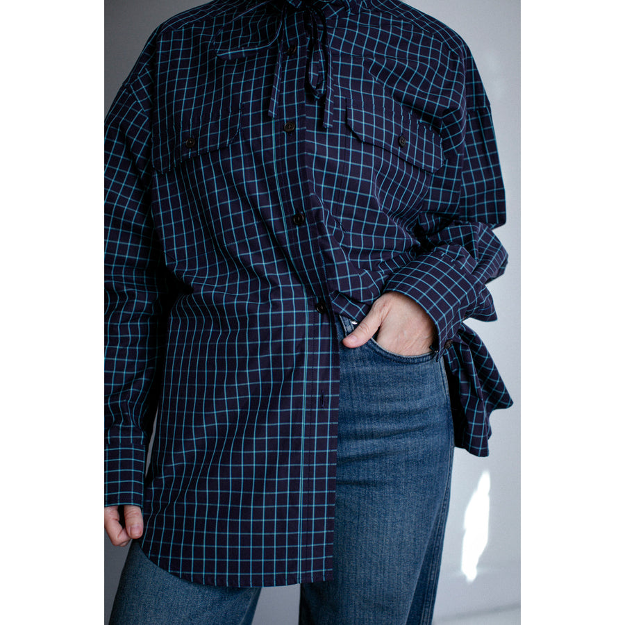 Kasmaria Oversized Shirt with Ruffle Neck and Tie in Blue Windowpane Check