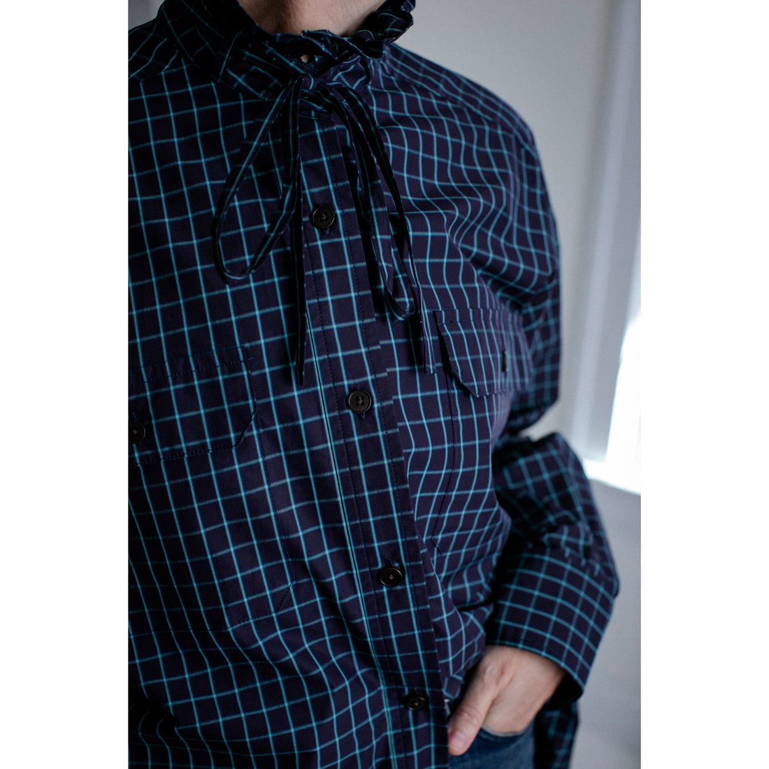 Kasmaria Oversized Shirt with Ruffle Neck and Tie in Blue Windowpane Check