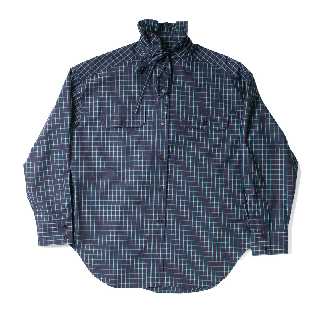 Kasmaria Oversized Shirt with Ruffle Neck and Tie in Blue Windowpane Check