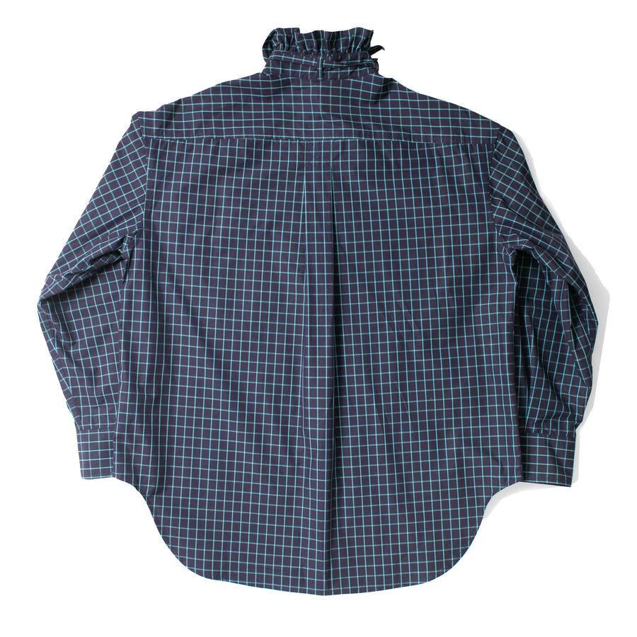 Kasmaria Oversized Shirt with Ruffle Neck and Tie in Blue Windowpane Check