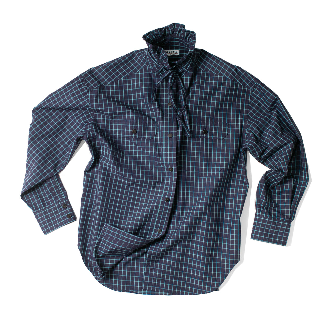 Kasmaria Oversized Shirt with Ruffle Neck and Tie in Blue Windowpane Check