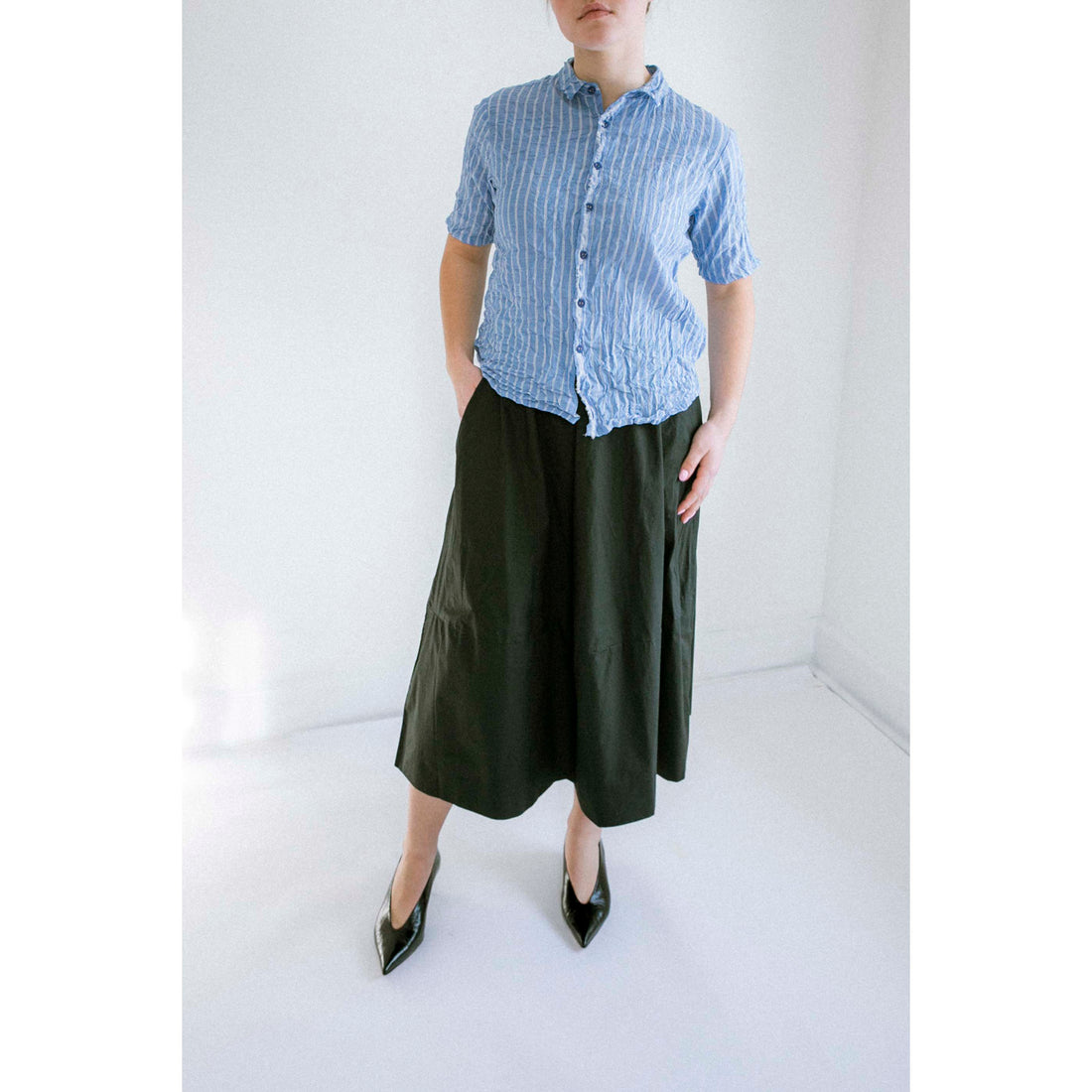 Pas de Calais Blue Shirring Stripe Blouse in Saxe Blue