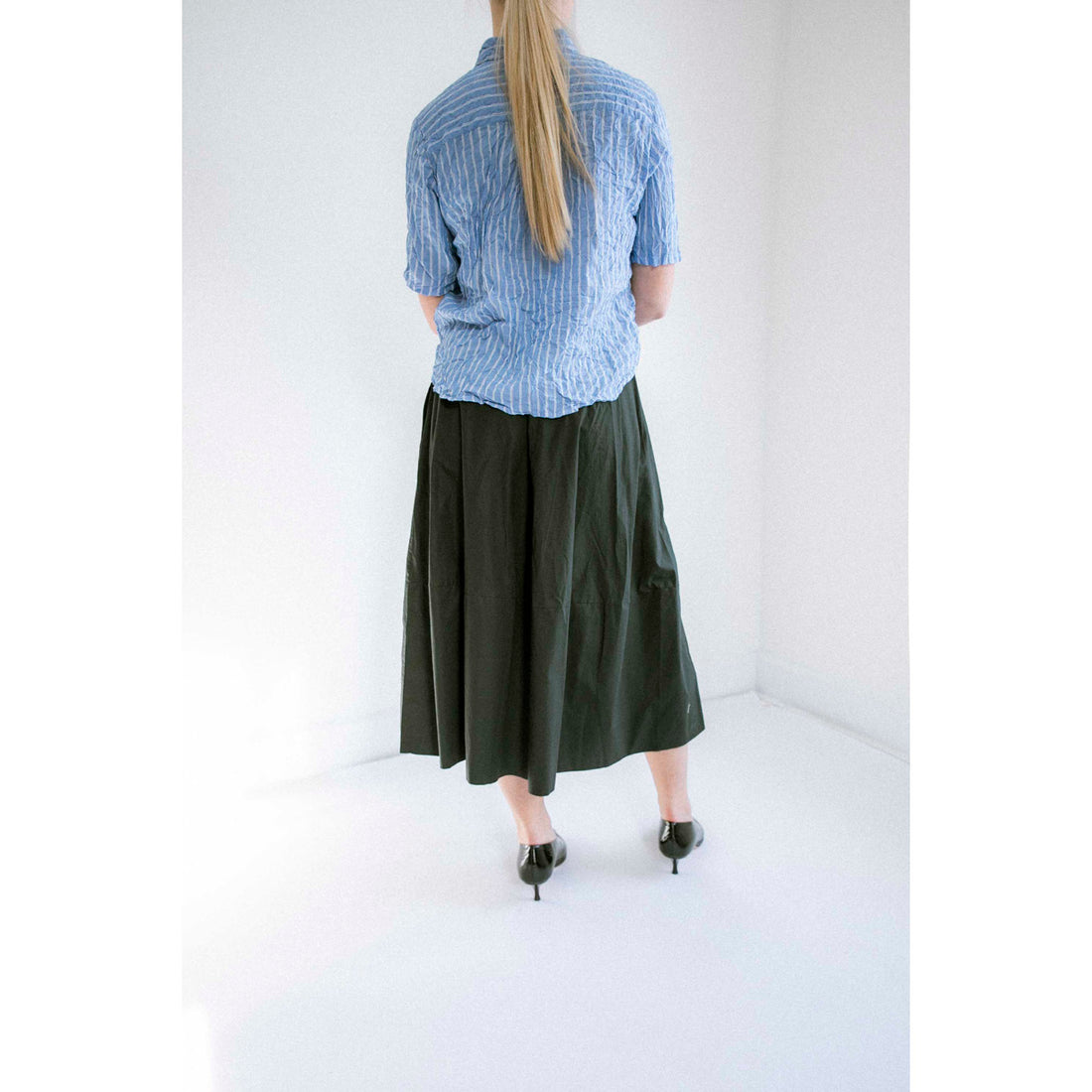 Pas de Calais Blue Shirring Stripe Blouse in Saxe Blue