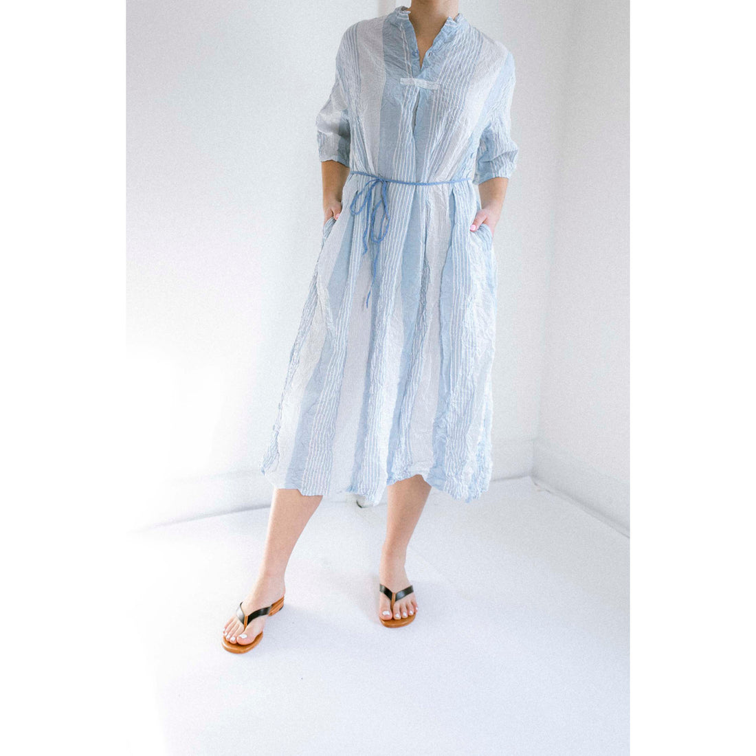 Pas de Calais Blue Shirring Stripe Dress in Off White Pas de Calais Blue Shirring Stripe Dress in Off White