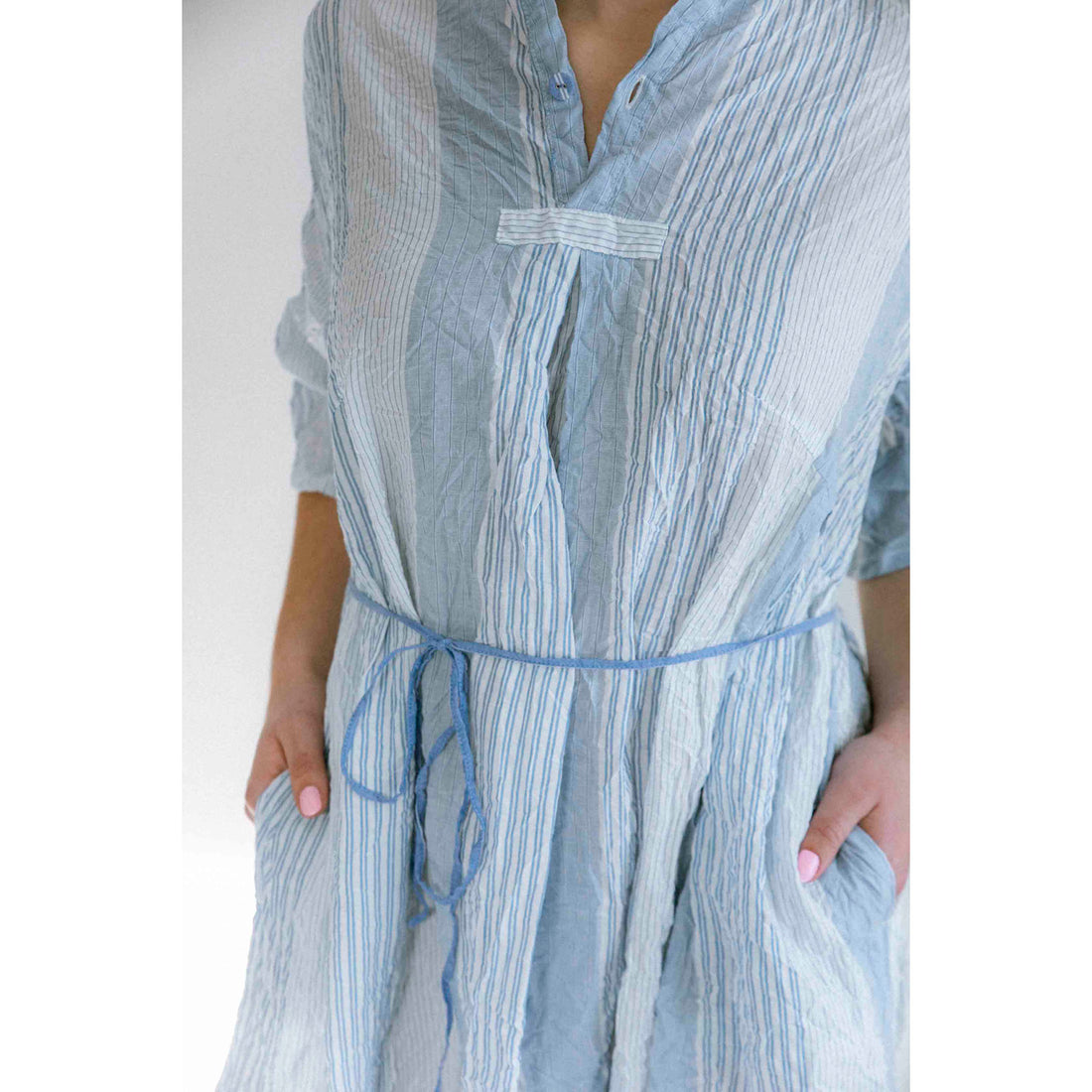 Pas de Calais Blue Shirring Stripe Dress in Off White Pas de Calais Blue Shirring Stripe Dress in Off White