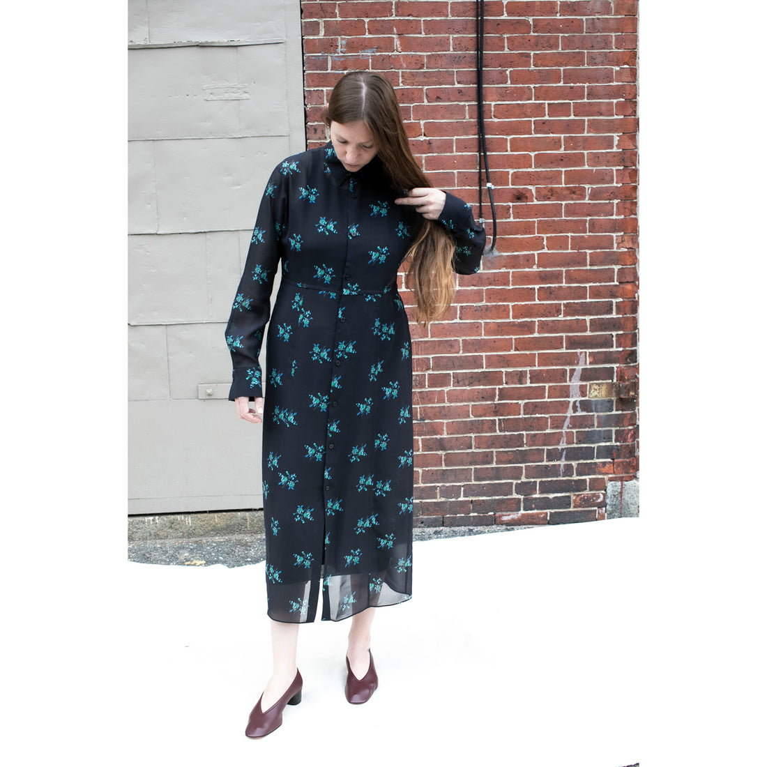 Auralee Printed Airy Silk Georgette Dress in Ink Blue