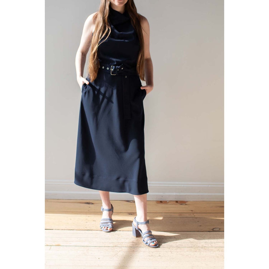 Nomia Belted Cowl Neck Dress in Midnight