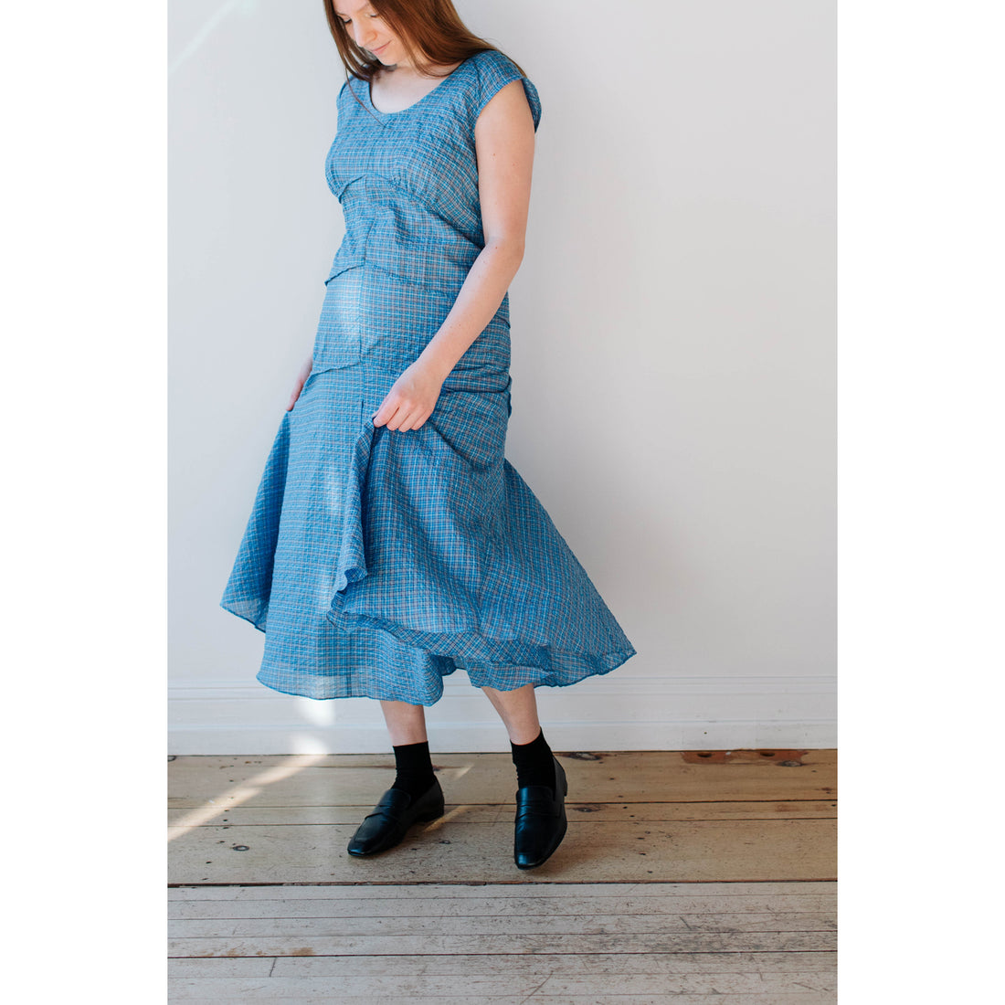 Caron Callahan Hailey Dress in Mini Cotton Blue Gauze Plaid