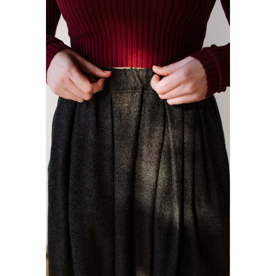 ICHI Woven Wool Skirt in Dark Brown