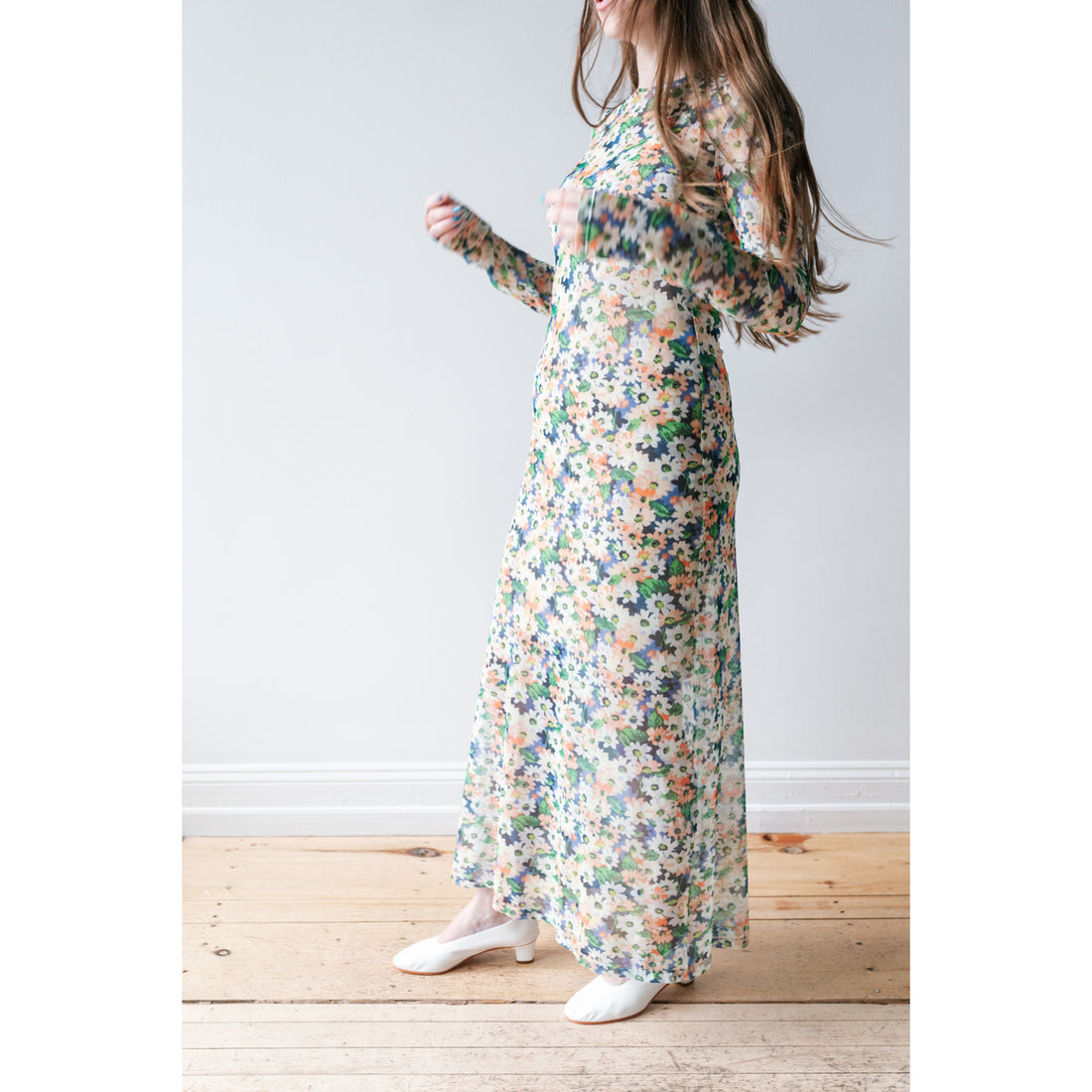 Nomia Long Sleeve Maxi Dress in Orange/Blue Floral Mesh