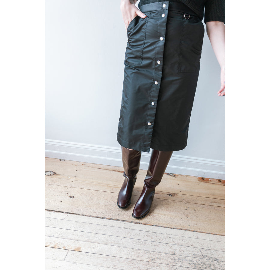Nomia Snap Front Midi Skirt in Black Flight Satin