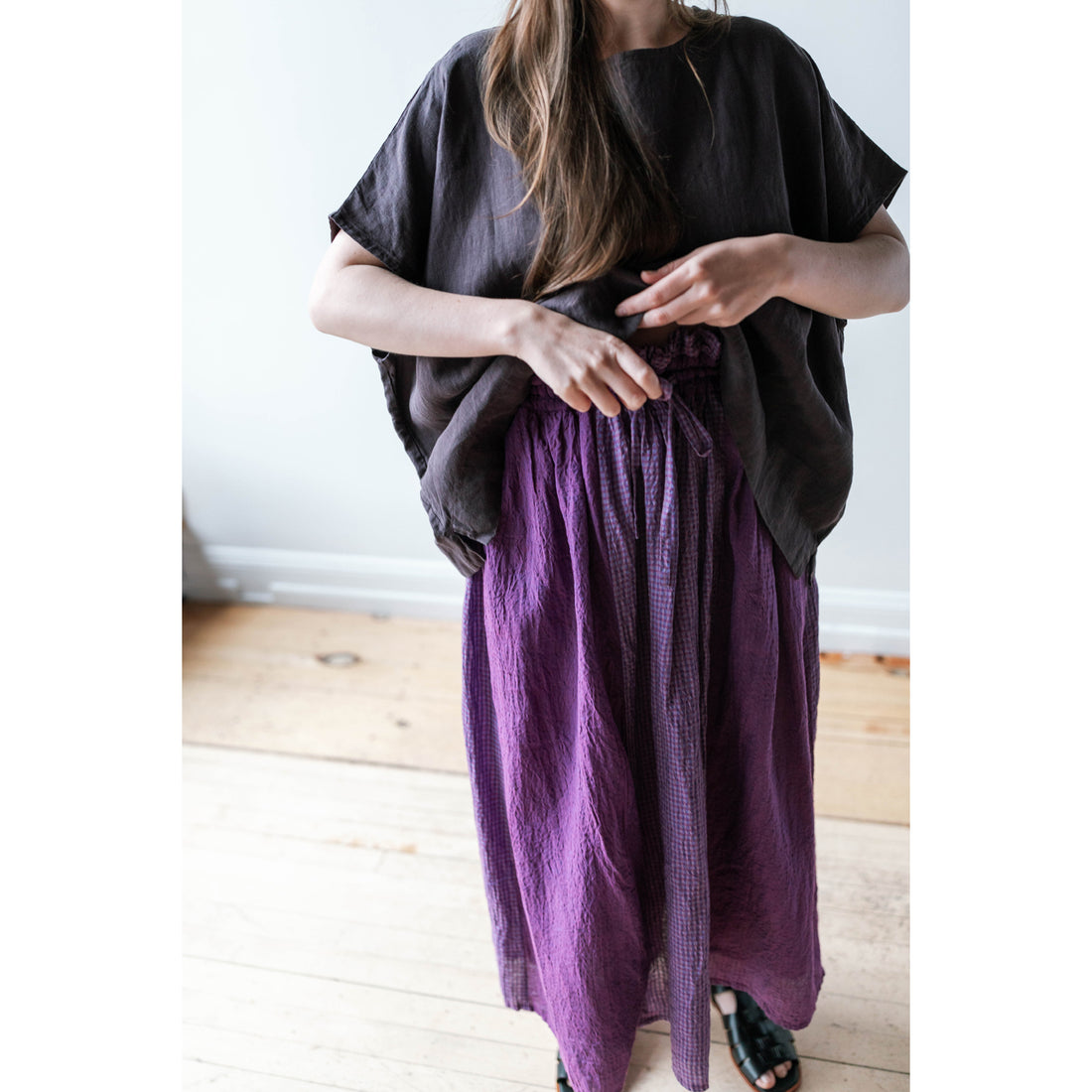 Ichi Antiquités Washer Gingham Panel Skirt in Violet