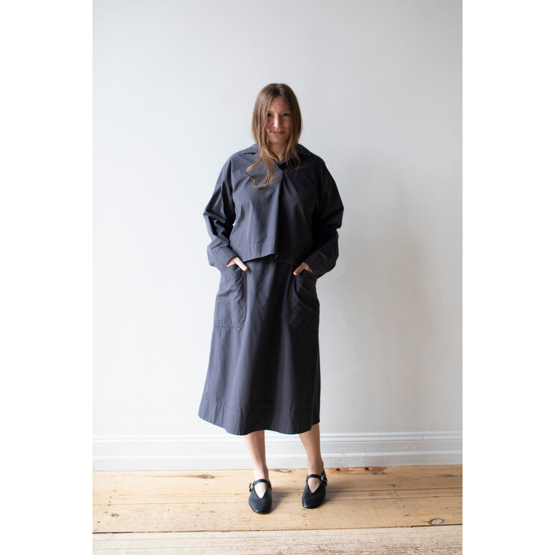 MHL. Patch Pocket Skirt in Slate Blue Washed Cotton Poplin