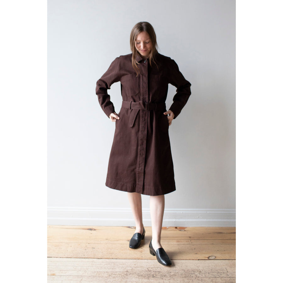 MHL. Overall Dress in Mahogany Worn Cotton Drill