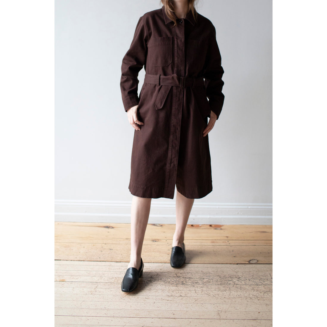 MHL. Overall Dress in Mahogany Worn Cotton Drill