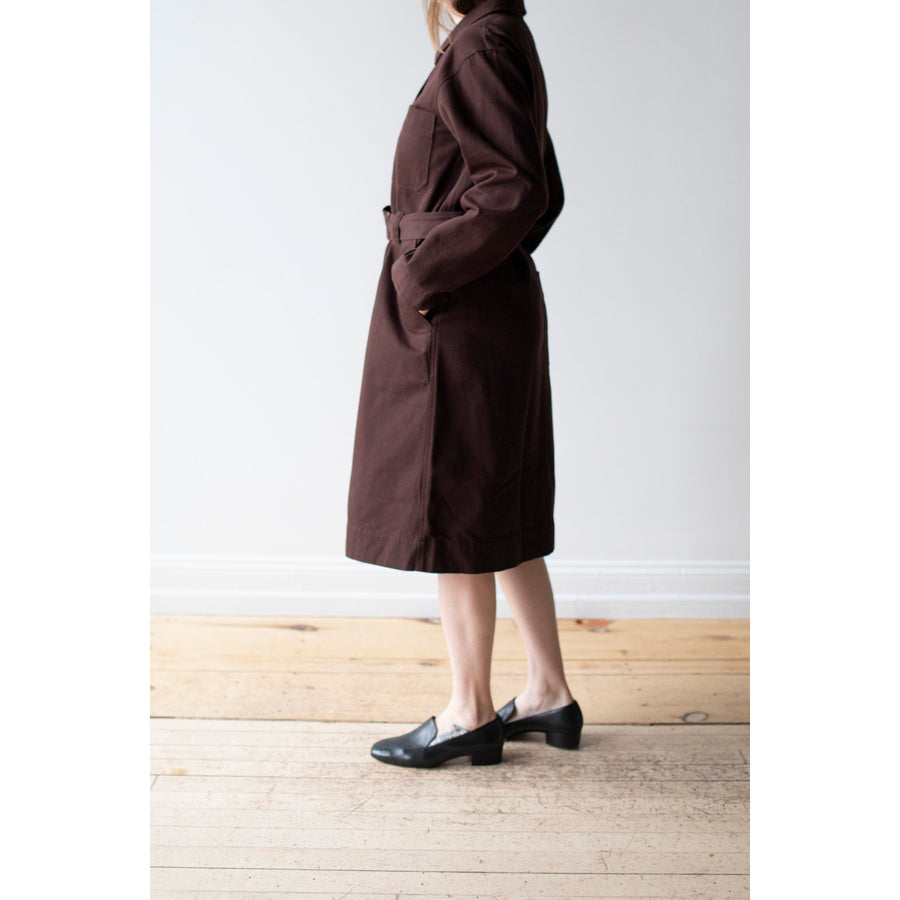 MHL. Overall Dress in Mahogany Worn Cotton Drill