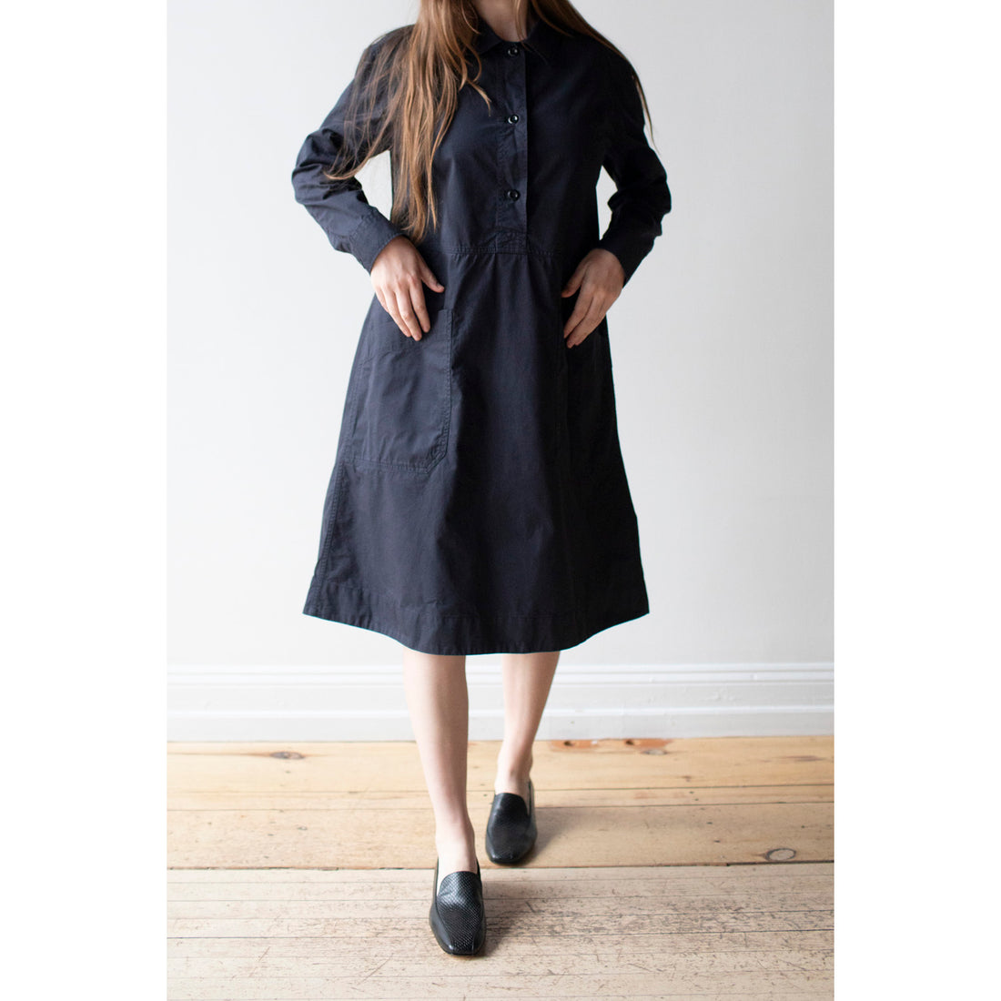MHL. Tab Waist Dress in Navy Soft Dense Cotton
