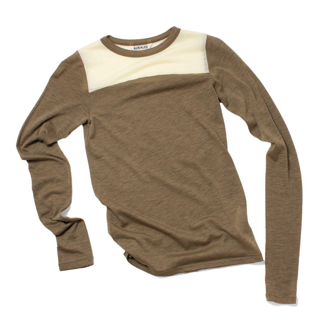 Auralee Fluffy Cashmere Nylon Contrast Tee in Brown x Light Yellow